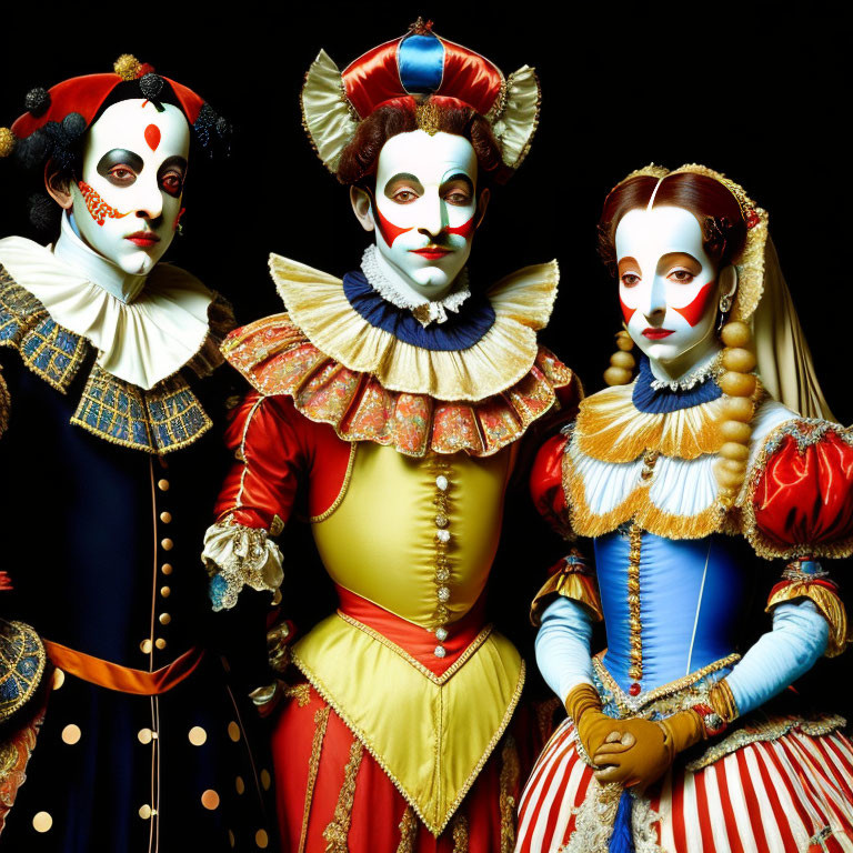 Vibrant Venetian Carnival Costumes Against Dark Background