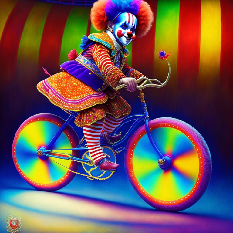 Colorful Clown on Bicycle with Flower Against Rainbow Background