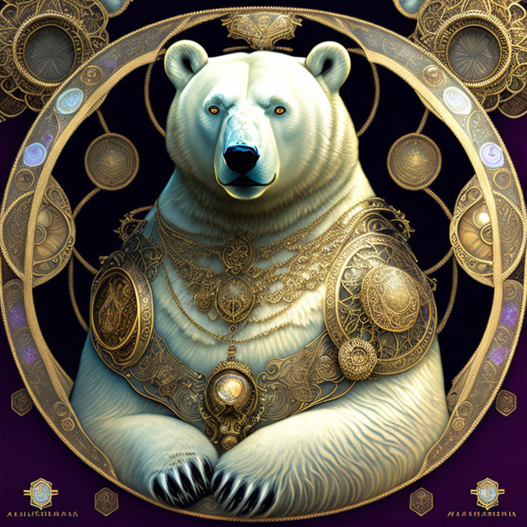 Regal polar bear in golden armor on purple background