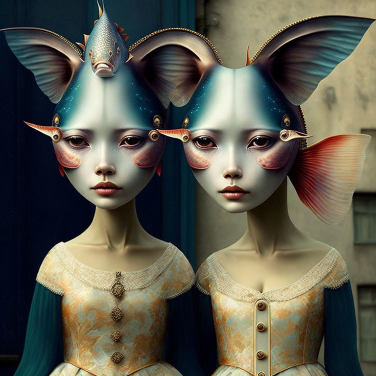 Surreal twin figures with fish and bat features on blue backdrop