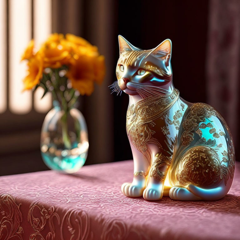 Intricate Golden-Patterned Porcelain Cat Figurine with Yellow Flowers