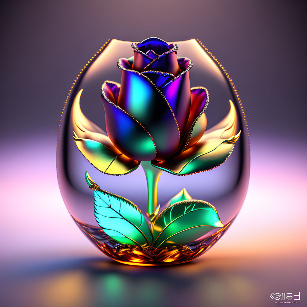 Colorful Stylized Rose in Transparent Egg-Shaped Vessel