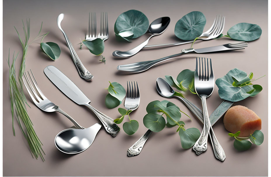 Elegant Silverware Arrangement with Green Foliage and Bread