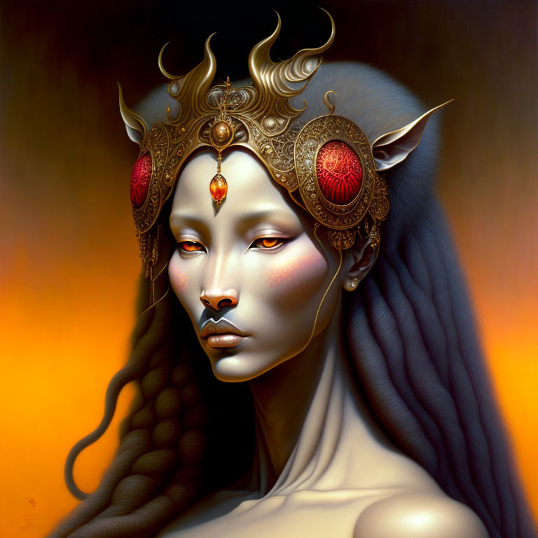 Mystical elf with golden eyes and ornate headpiece on amber background