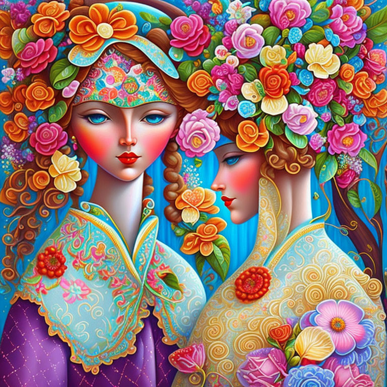 Vibrant illustration of two figures in ornate floral headpieces and decorative garments.