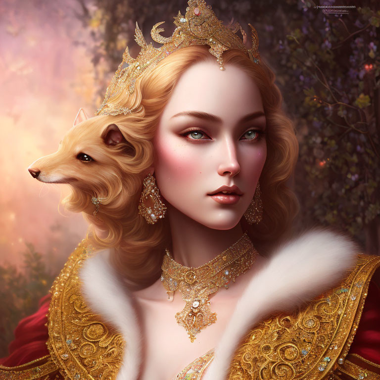 Illustrated queen with golden crown and dog in ethereal forest.