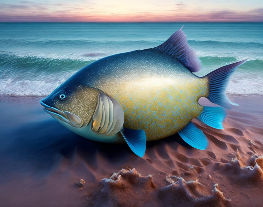 Surreal fish blending into beachfront at dusk