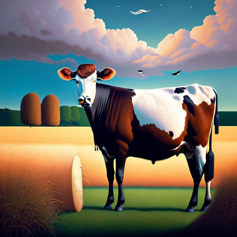 Stylized cow in golden field with haystacks and birds under sunset sky