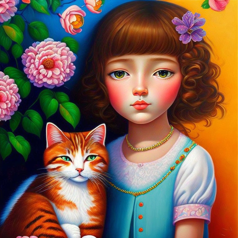 Colorful painting of girl with expressive eyes and cat among flowers