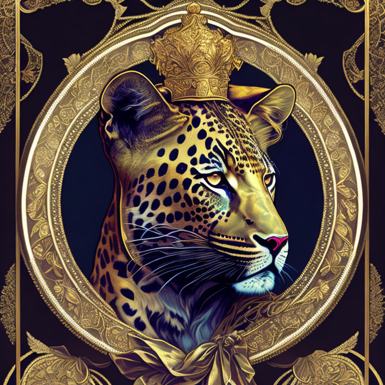 Leopard with Crown in Ornate Golden Frame on Dark Background