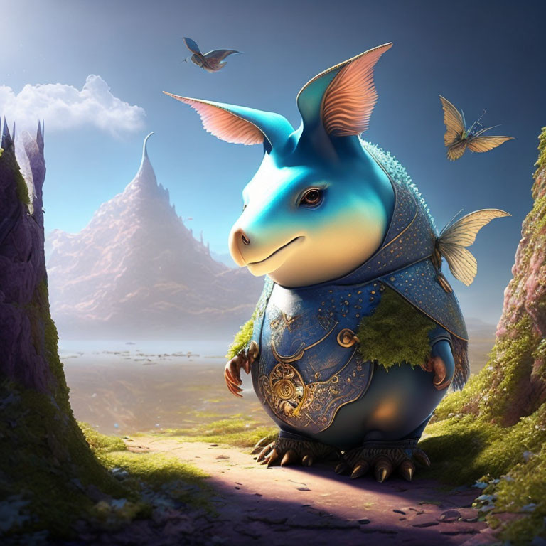 Whimsical creature with capybara-like face and butterfly wings in fantasy landscape