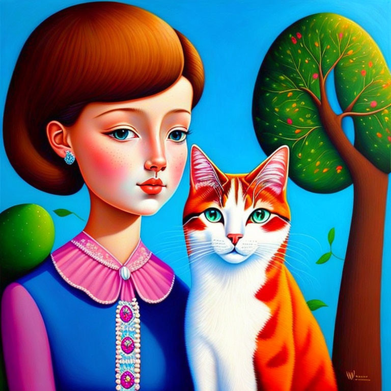 Illustration of young woman with bob haircut and striped cat in blue dress on vibrant background.