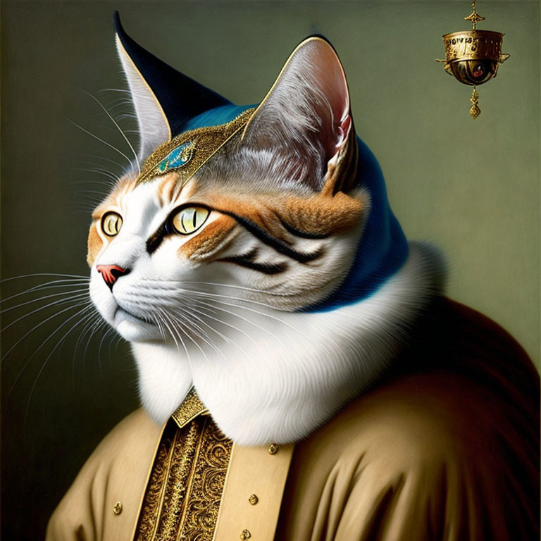 Digital artwork of cat in regal renaissance attire with blue hat and golden collar