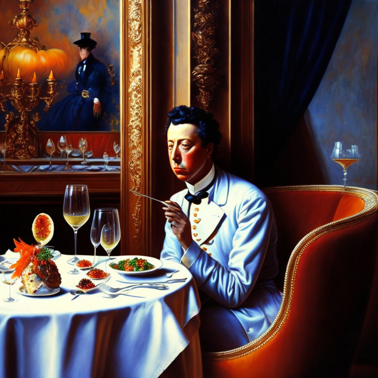 Elegantly dressed man at dining table with street scene view