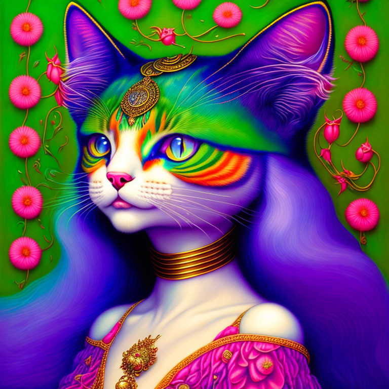 Vibrant Cat Artwork with Jewelry on Green Background