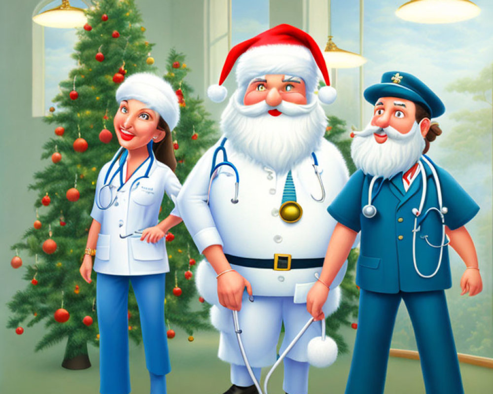 Three professionals in festive attire by Christmas tree