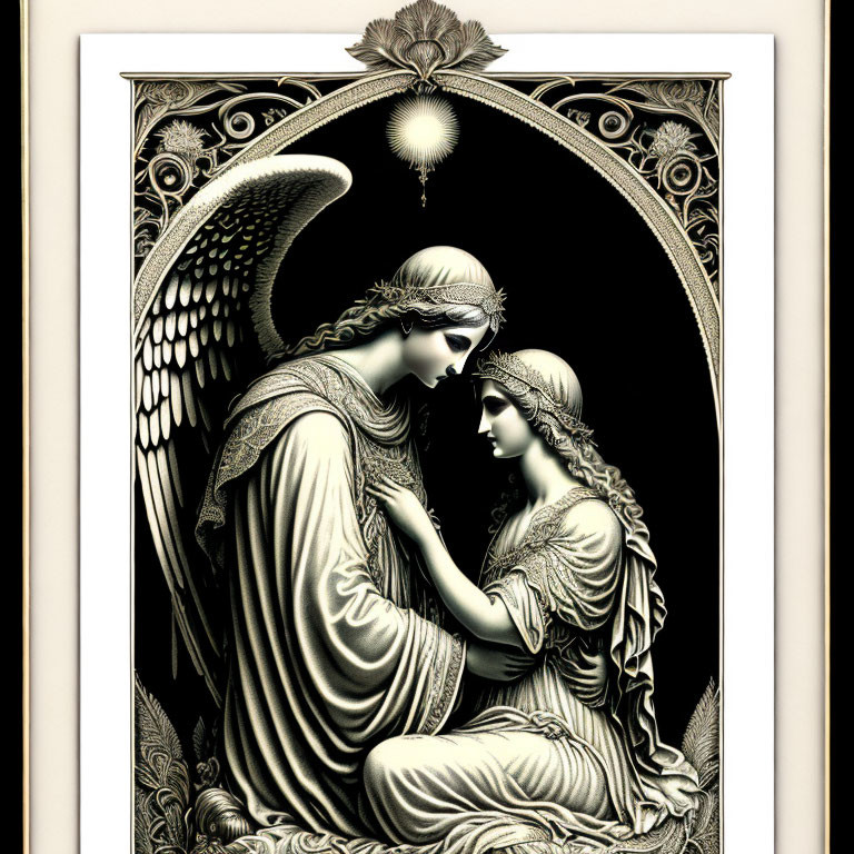 Detailed black and gold artwork of angel embracing woman under arch