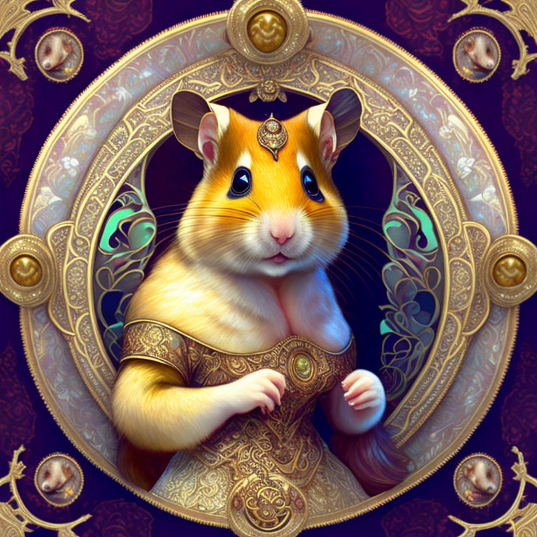 Regal hamster portrait in golden attire on purple background