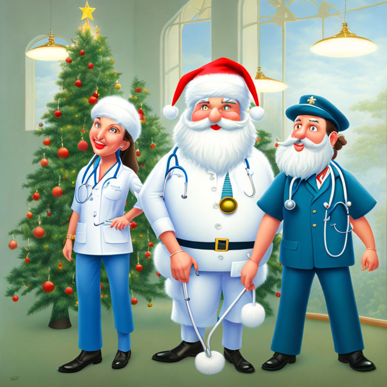 Three professionals in festive attire by Christmas tree