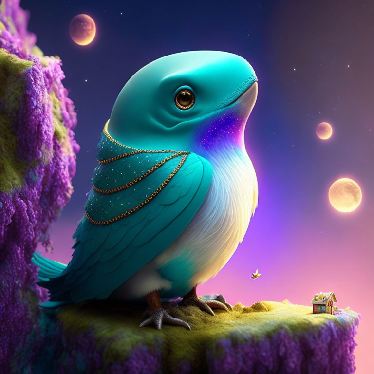 Colorful digital art featuring a whimsical blue bird in a celestial setting.