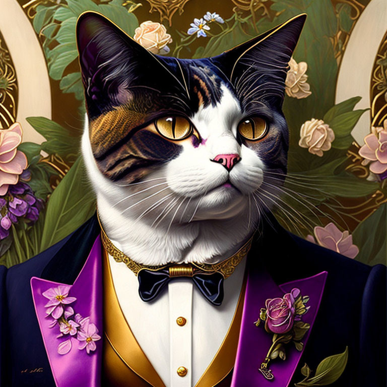 Illustrated Cat in Purple Tuxedo with Tiger Stripes and Floral Motifs