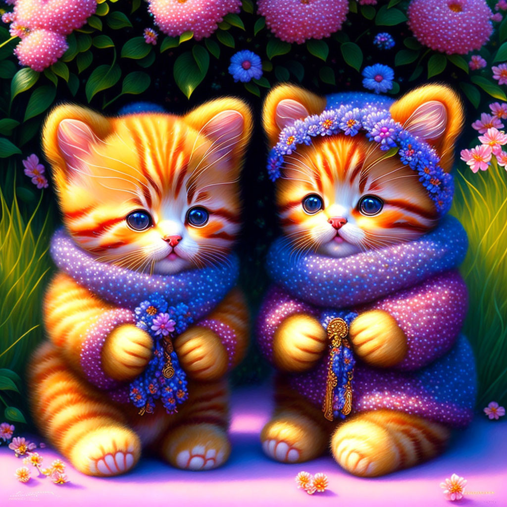 Illustrated Kittens in Knit Scarves and Flower Crowns Among Pink Flowers