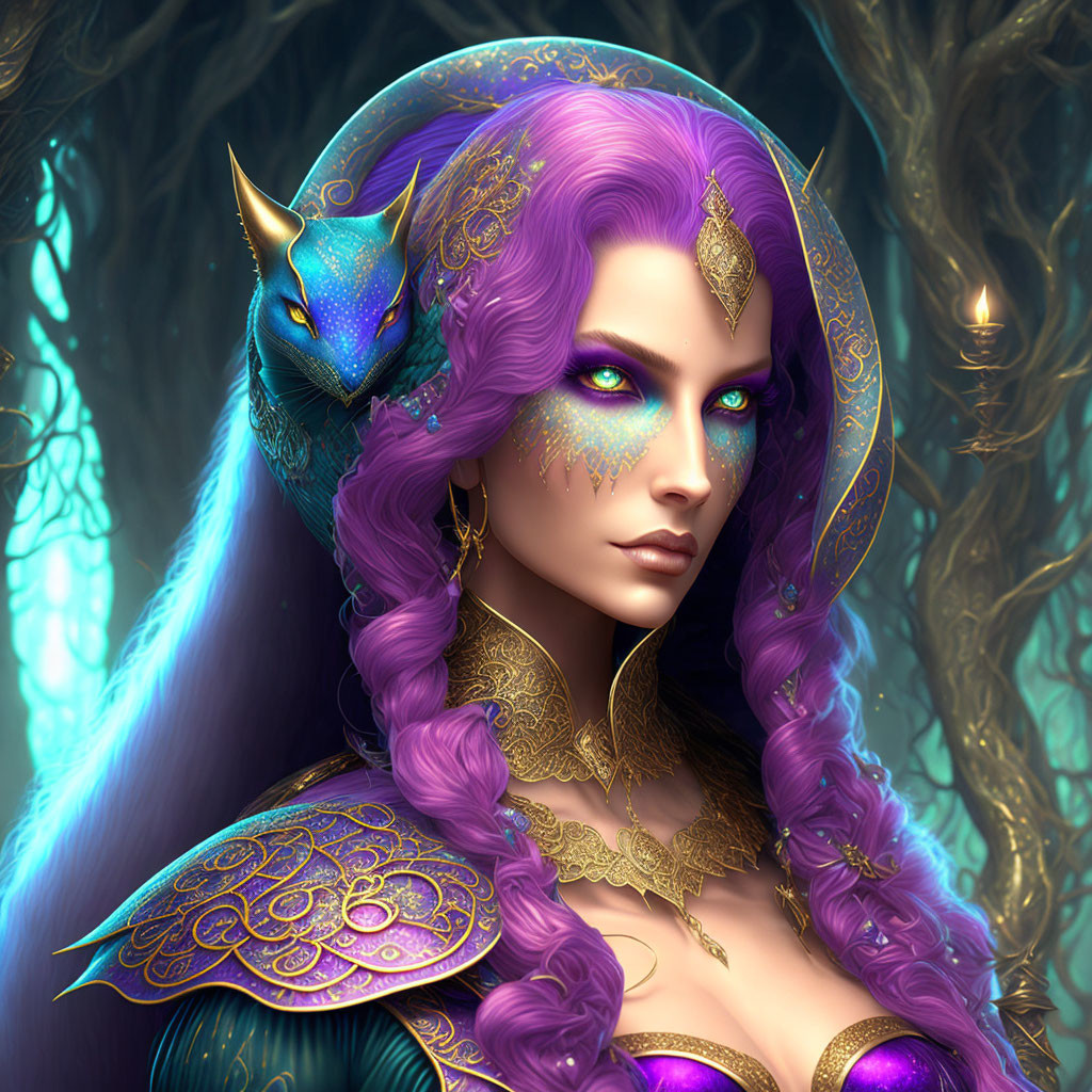 Fantastical female figure with violet hair and green eyes in golden and purple regalia with blue creature