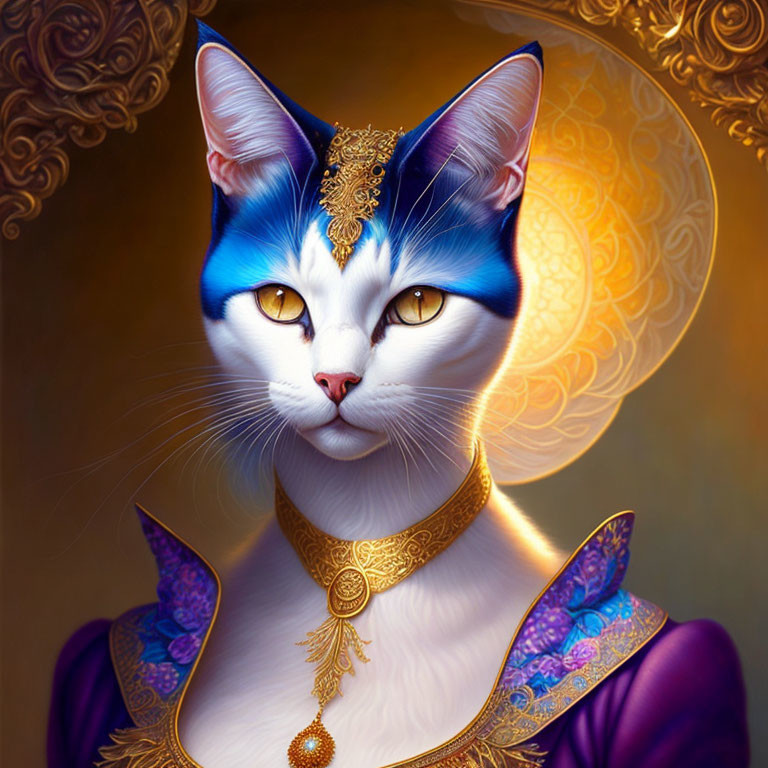 Digital Artwork: Majestic Cat with Human-Like Features and Royal Attire