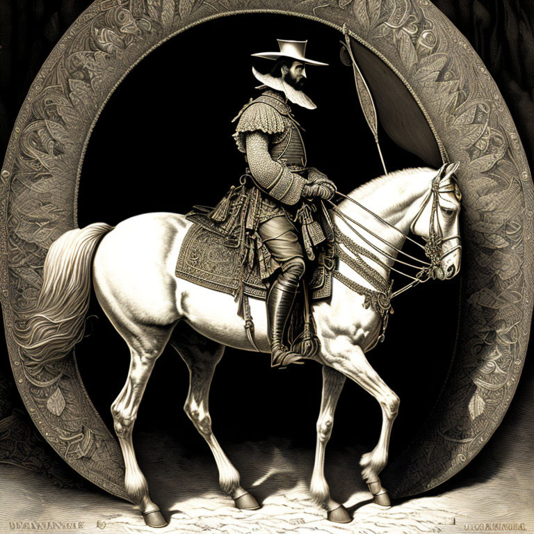 Detailed illustration: Person in ornate armor on decorated horse in circular ornamental border