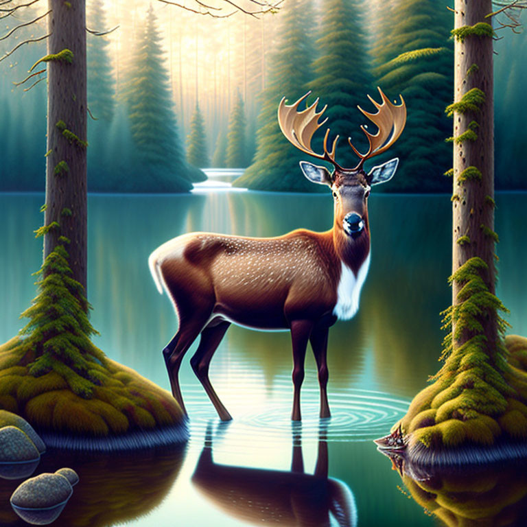 Majestic stag by serene forest lake with reflection and tall pines