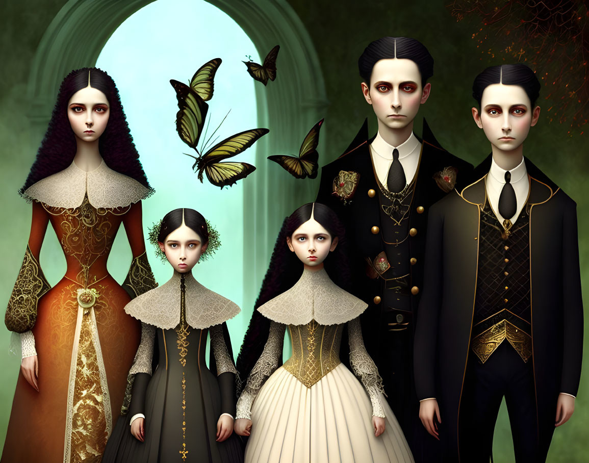 Gothic-styled characters in vintage attire pose with butterflies on green backdrop