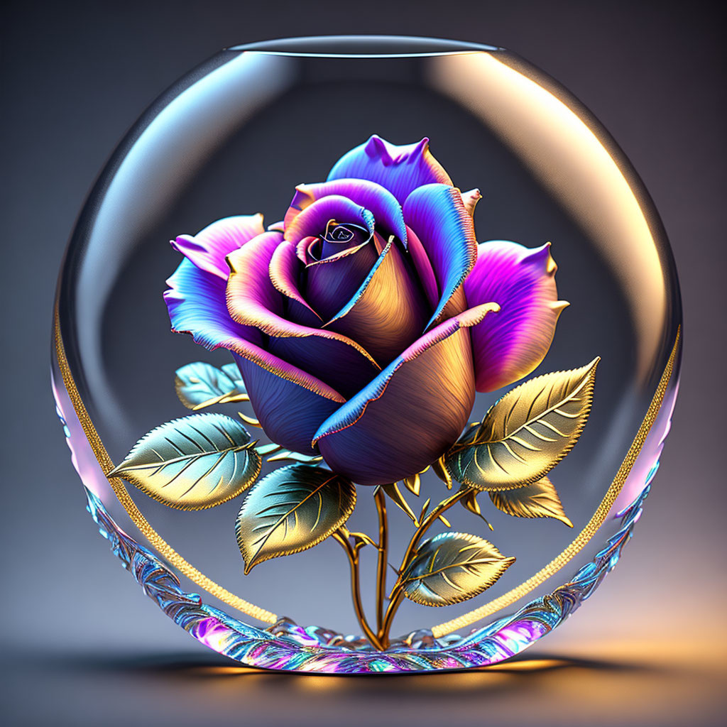 Multicolored rose in glass sphere with golden leaves and swirls