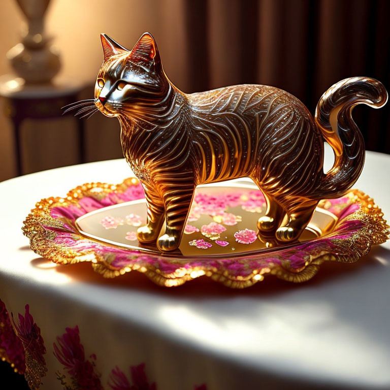 Golden cat figurine on decorative plate with floral motifs under warm light