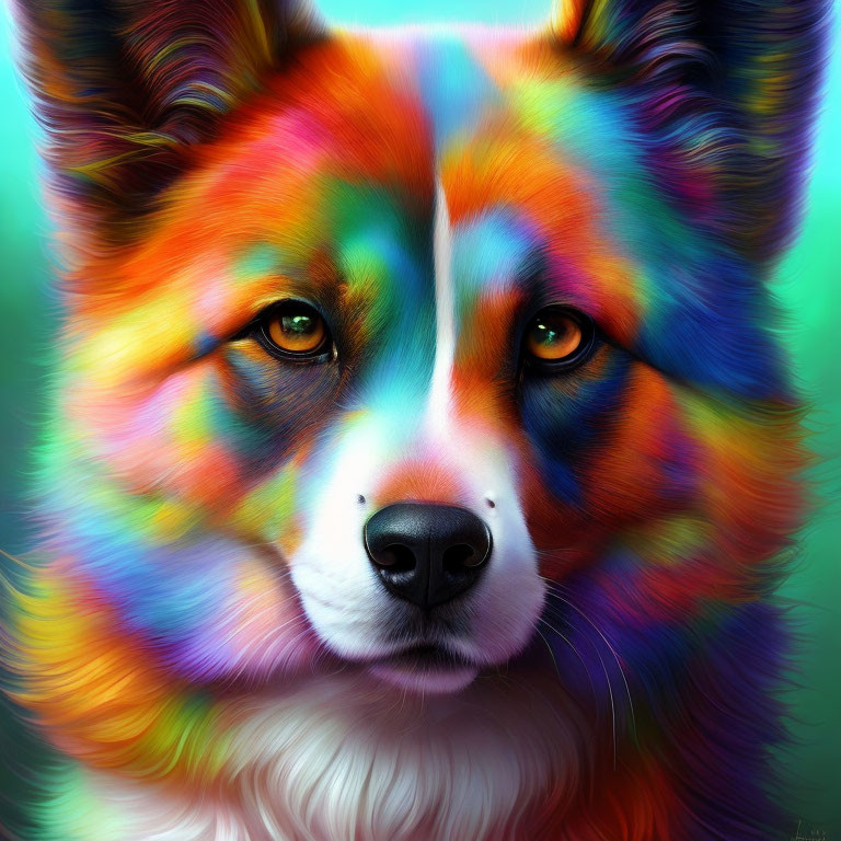 Colorful Rainbow-Hued Dog Portrait with Intense Eyes