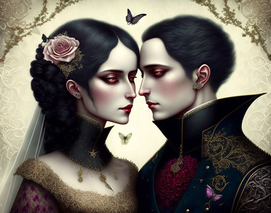 Gothic-style pale couple in ornate attire gazing against beige backdrop with butterflies