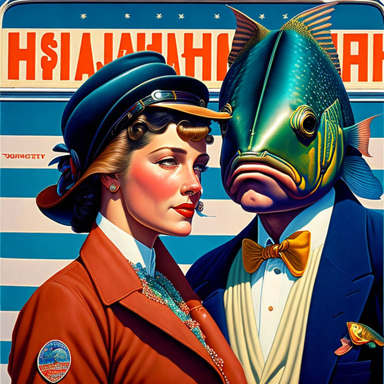 Vintage-style illustration of woman and man with fish heads in formal attire against striped background with text "H