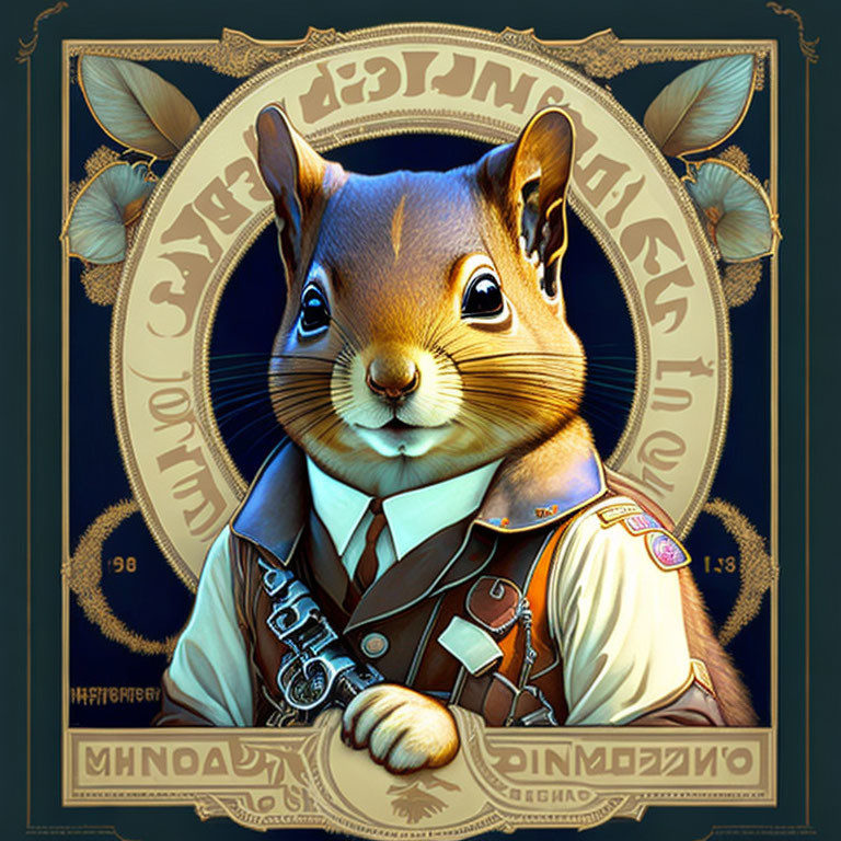 Anthropomorphic squirrel in vintage suit with pocket watch in ornate floral frame