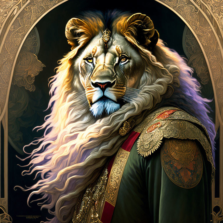 Regal lion illustration in ornate clothing and headpiece