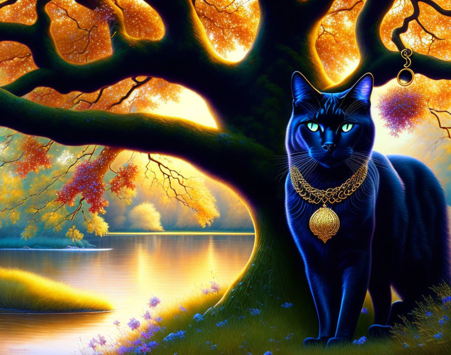 Black Cat with Blue Eyes and Golden Necklace by Serene Lake at Sunset