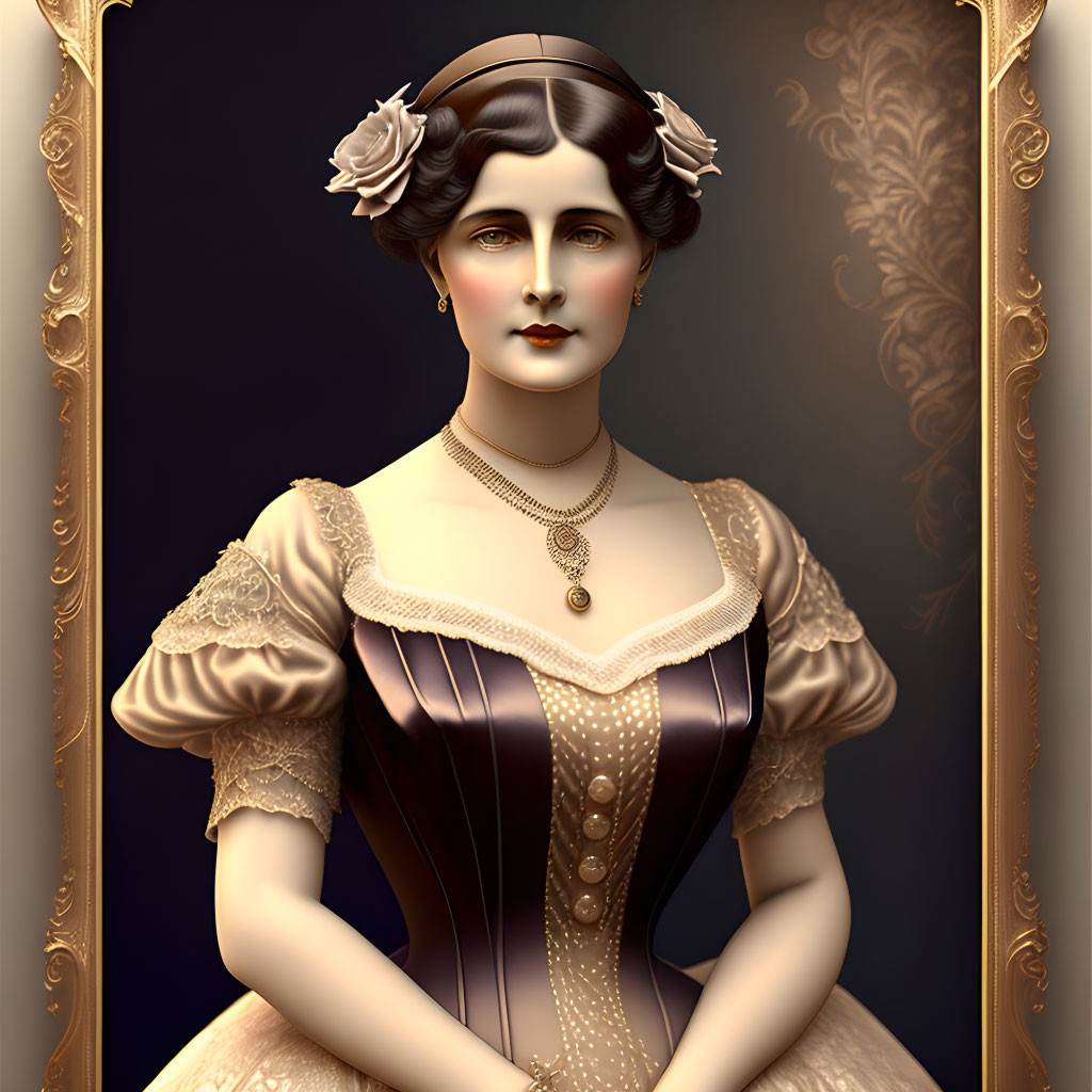 Victorian-era woman portrait with elegant dress, pearls, and roses in hair framed in gold.