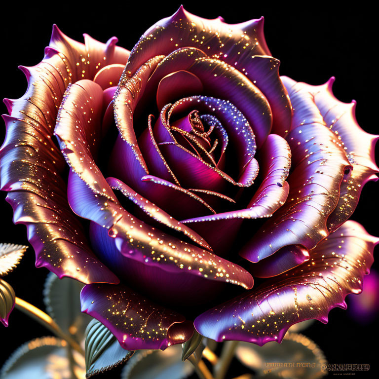 Purple rose with gold trim and sparkling details on dark background