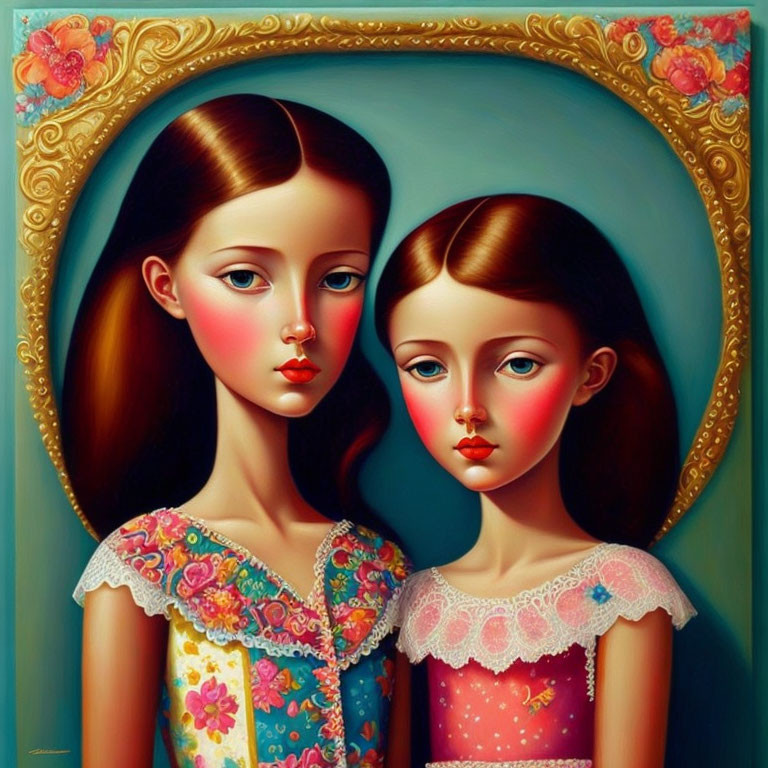 Surreal painting of two stylized girls with large eyes and rosy cheeks