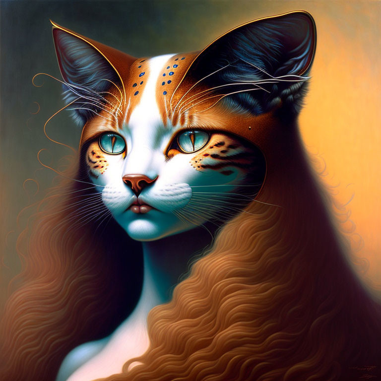 Surreal cat illustration with human-like features and tribal markings