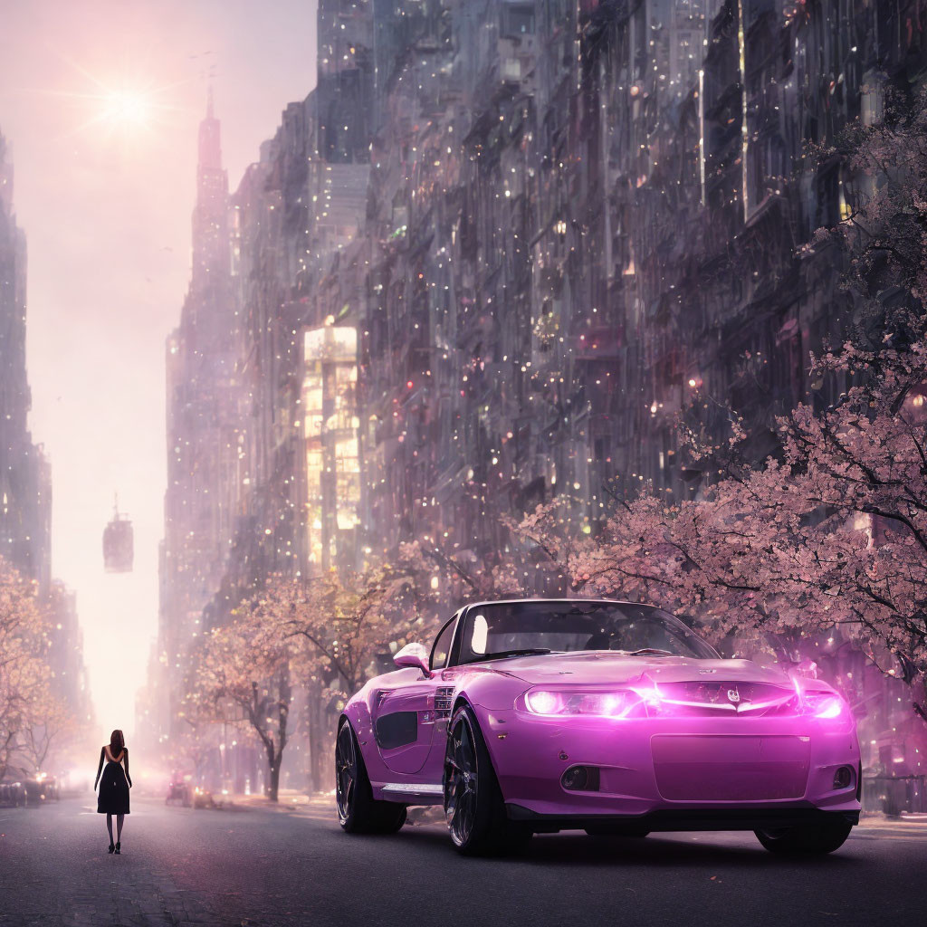 City street with cherry blossoms, person facing purple sports car at sunset