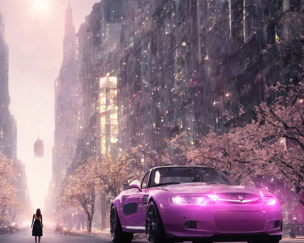 City street with cherry blossoms, person facing purple sports car at sunset