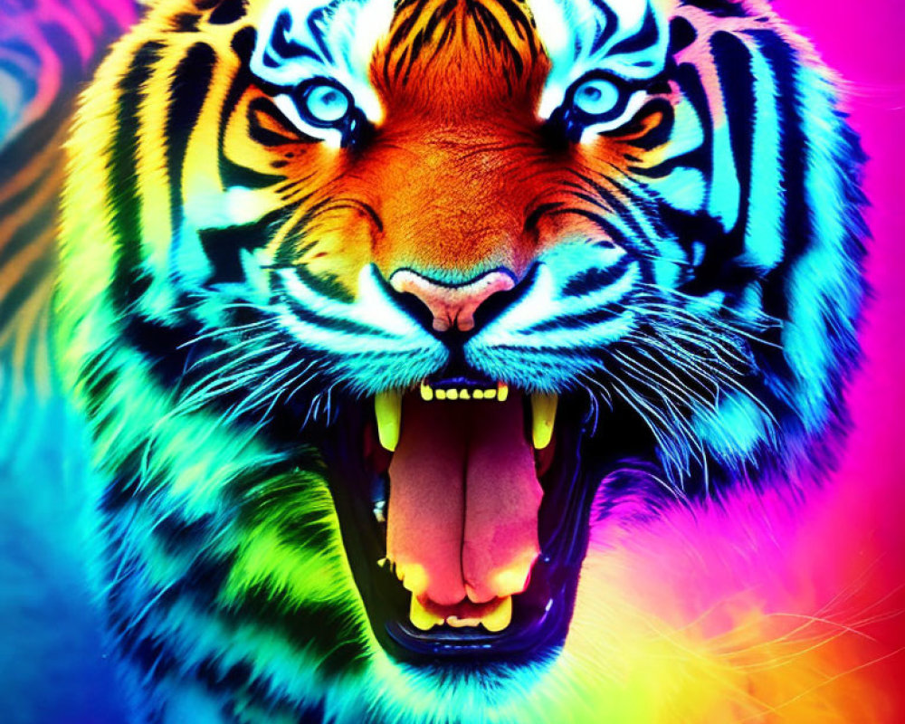 Colorful Neon Tiger Snarling with Mouth Open