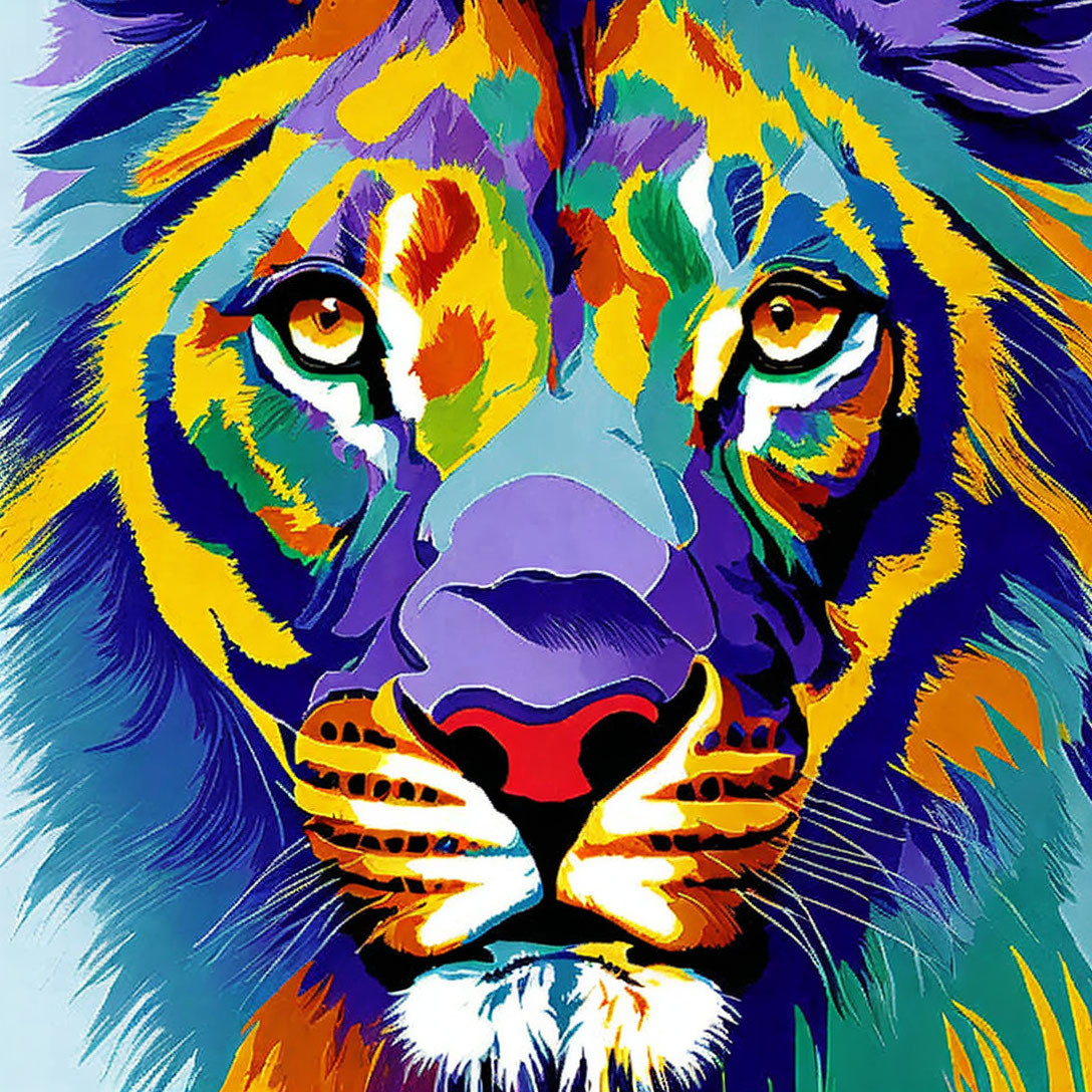 Colorful Abstract Lion Face Illustration with Emphasized Eyes