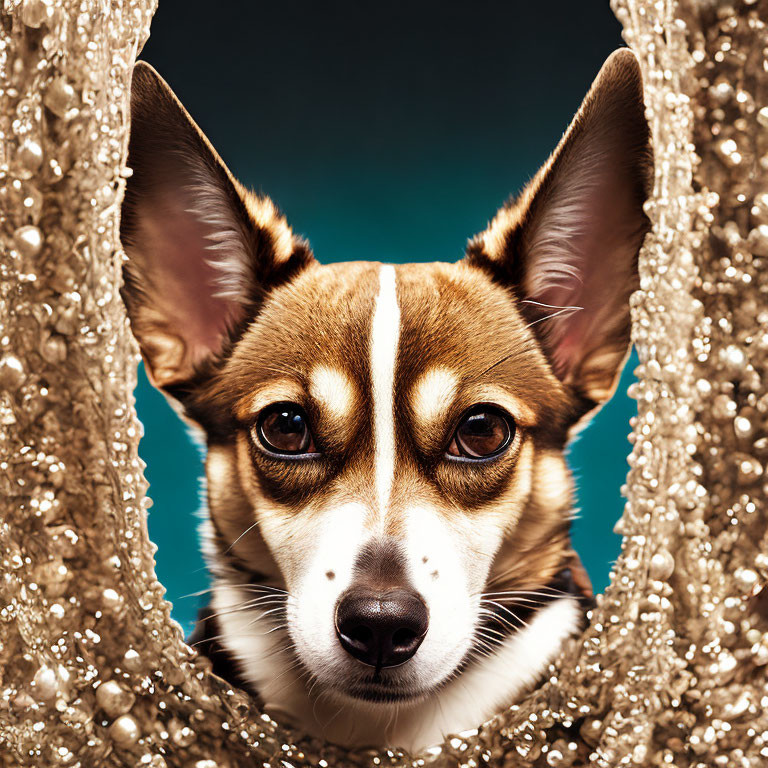 Close-Up Corgi Face with Bejeweled Collar on Teal Background