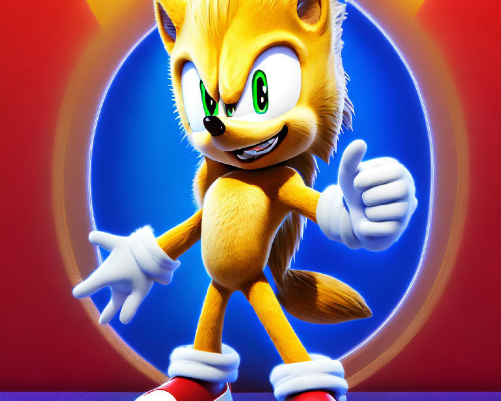 Animated orange hedgehog with quills, green eyes, white gloves, red shoes on blue and red