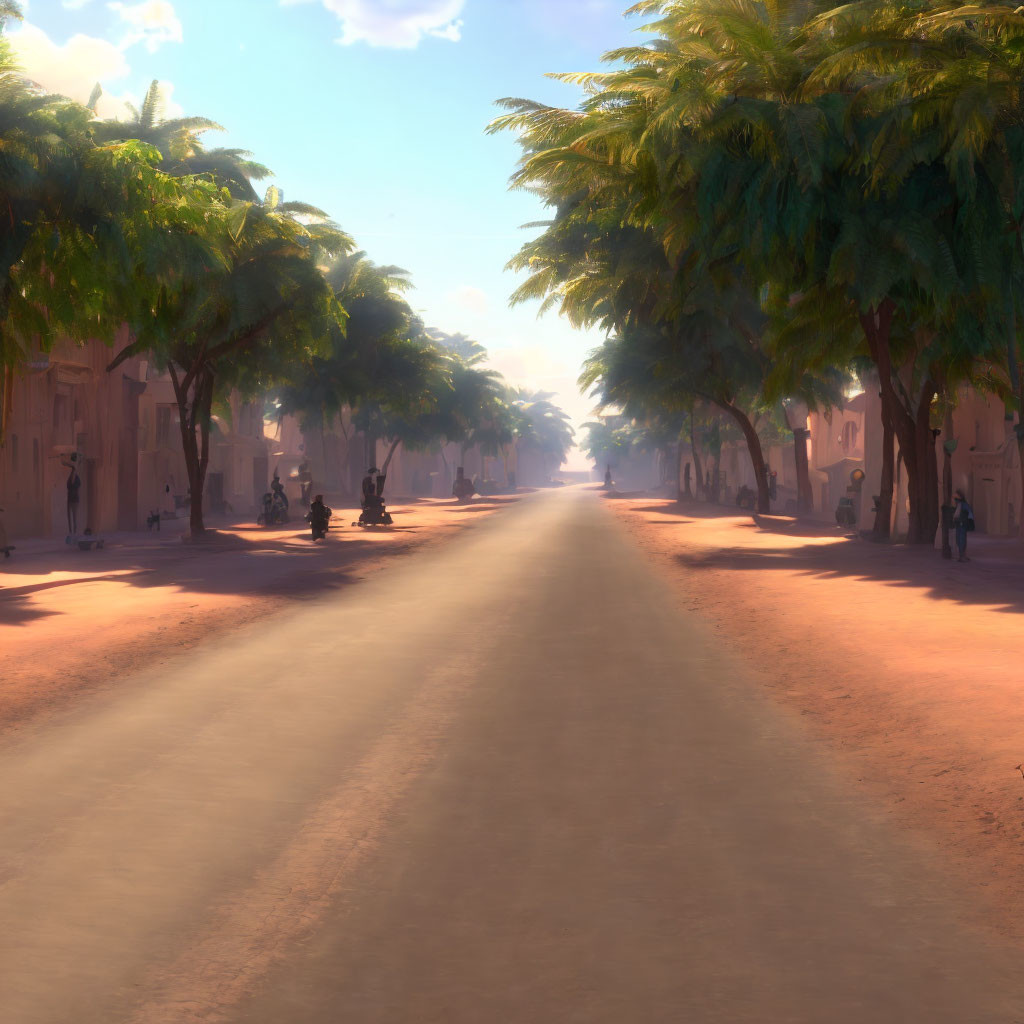 Sunlit palm tree-lined street with buildings and pedestrians in serene setting